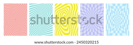 Groovy hippie 70s backgrounds set. Checkerboard, chessboard, mesh, waves, swirl, twirl pattern. Twisted and distorted vector texture in trendy retro psychedelic style.