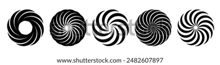 Concentric pinwheel. Twisting circles logo design elements set. Black and white vector icon isolated on transparent background 