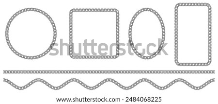 Vector set of borders in the shape of square, circle, oval, wave. Braided chain frames isolated on a white background. Chain brushes for fashion and digital illustration.