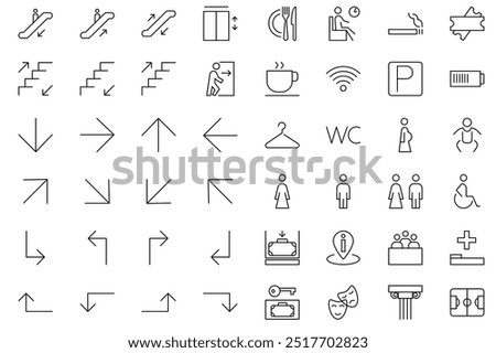 Wayfinding icons set. Toilet or wc sign. Line icons navigation arrows, parking, restroom, elevator, wifi, lift, ticket office, museum, stadium, theater, luggage storage, waiting room, cafe. Editable