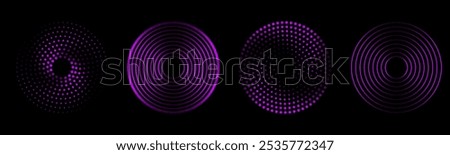 Sound pulsation circles set. Vector illustration of purple radio waves isolated on black background.
