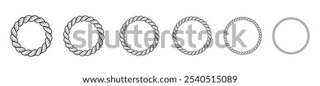 Round rope borders in the circles shape. Vector collection of black braided cord frames isolated on transparent background