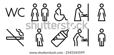 Public WC Toilet line icon vector set. Restroom for male, female, transgender, mother and baby, disabled person. Baby Changing Station (Men’s Room). Nursing room