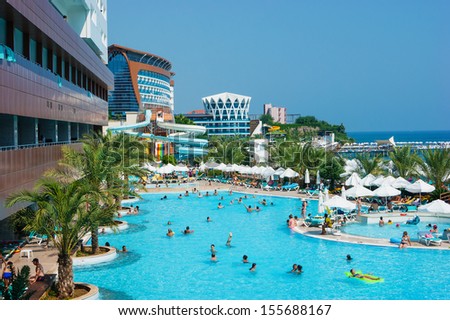ALANYA, TURKEY - JULY 14: A general view of the hotel Vikingen Quality Resort. Hotel has 450 rooms and 13,000 square meters area on July 14, 2013 in Alanya, Turkey
