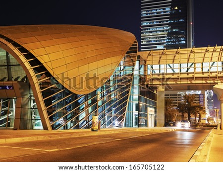 DUBAI, UAE - NOVEMBER 11: Metro subway station at night. Dubai Metro as world's longest fully automated metro network (75 km) on November 11, 2013, Dubai, UAE.