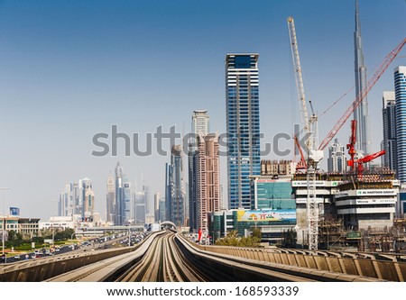 DUBAI, UAE - NOVEMBER 18: Dubai Metro as world\'s longest fully automated metro network (75 km) on November 18, 2013, Dubai, UAE.