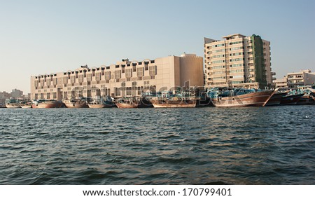 DUBAI, UAE-NOVEMBER 18, 2012: Ship in Port Said. The oldest commercial port of Dubai