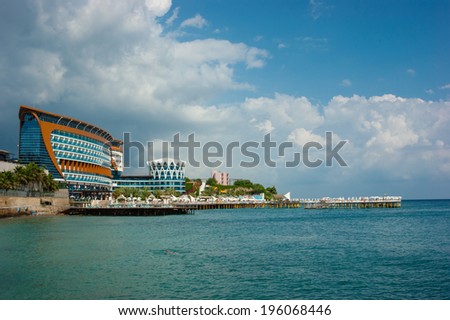 ALANYA, TURKEY - JULY 18: A general view of the hotel Granada Luxury Resort. Hotel has 598 rooms and 13,000 square meters area on July 18, 2013 in Alanya, Turkey