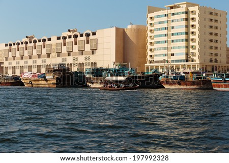 DUBAI, UAE-OCTOBER 30: Ship in Port Saeed on November 30, 2013 in Dubai, UAE. The oldest commercial port of Dubai