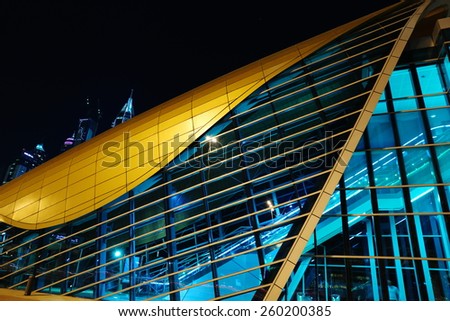 DUBAI, UAE - NOVEMBER 11, 2013: Metro subway station at night. Dubai Metro as world\'s longest fully automated metro network 75 km.
