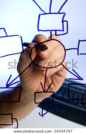 hand draws a block diagram on a transparent glass