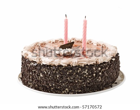 cake chocolate and two  candles  isolated on white background