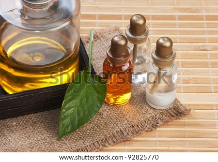 set of cosmetic oils for a SPA in a wooden box