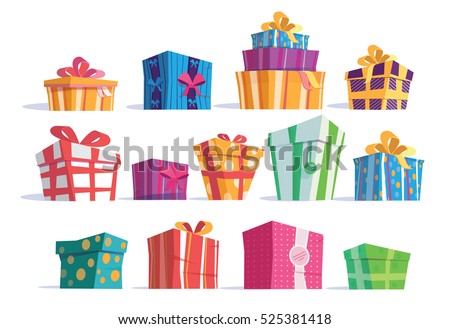 Vector set of different gift boxes.Beautiful present box with overwhelming bow.
Vector illustration.Christmas gift box.Colorful wrapped gift boxes.Beautiful present box with overwhelming bow.