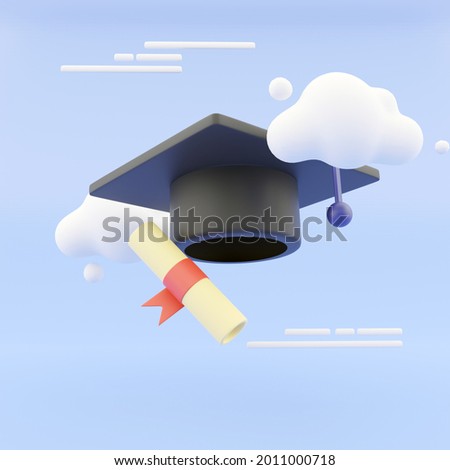 graduation hat and diploma cartoon style with clouds on abstract background. 3D Illustration. 3D Rendering.