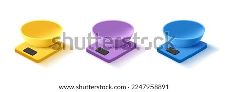 Modern kitchen electronic scales for products 3d. Set multicolored on a white background for advertising design.
