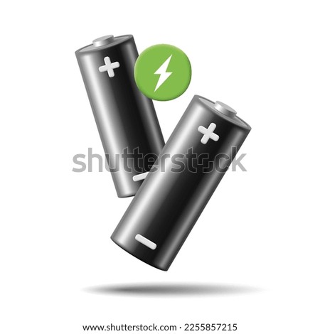 3D composition of modern black batteries with charging icon. For electronics design and concepts.