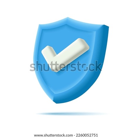 3d shield of blue color with a white tick. A sign of protection, approval and security. Realistic illustration for design concept.