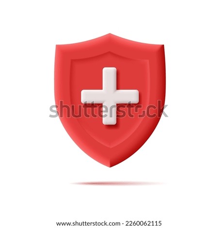Red modern 3D shield with a white cross. Healthcare concept. An element for the layout design of hospitals and pharmacies.