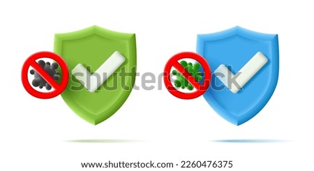 A set of shields with check marks and destroyed bacteria. Protection against viruses, bacteria. Elements for design concepts of pharmaceutical products and antivirus programs.