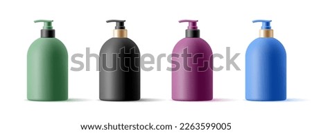Set of colored plastic bottles with a dispenser for shampoo and soap 3d. Cosmetic and medical means for body care. Blank mockup of cans on a white background.