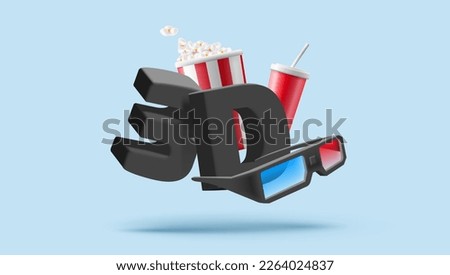 Modern 3D composition of popcorn, drink, 3D glasses for watching a movie preview. Dynamic stylish composition for cinema advertising on a blue background.