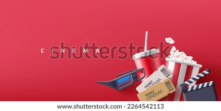 Modern image of movie watching concept. Popcorn, 3D glasses, tickets, drink, clapper. Elements for the design of cinemas, online viewing. Illustrations on a red background.