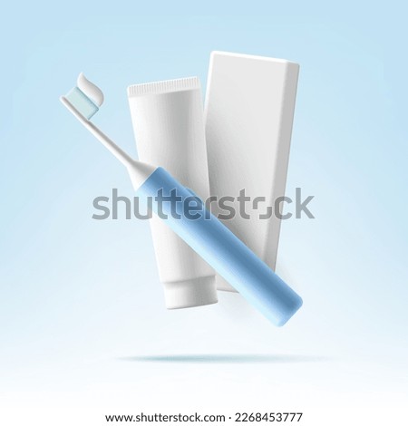 3D electric toothbrush, a white tube of toothpaste and a cardboard package for it. Advertisement of toothpaste. Vector illustration of a light blue background.
