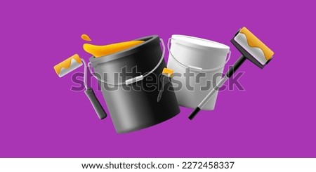 3d black and white bucket with yellow paint, brush and paint roller on purple background. The concept of painting services, restoration of the interior and exterior.