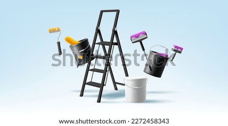 Banner of professional painting works. Rollers, brushes, buckets with paint, folding ladder 3d. Dynamic composition of elements on a light background.