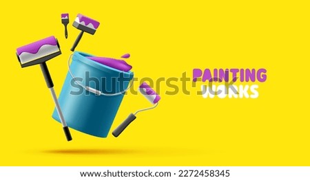 3D banner of painting services. Rollers, brushes and a bucket with purple paint on a yellow background. Dynamic composition of elements for wall painting concepts.