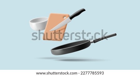 Set of empty kitchen utensils for cooking. 3d cutting board, knife, plate, frying pan. Elements for design, menu, recipes, cooking hot dishes.