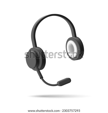 Call center equipment. 3D headphones with a microphone. Black. Hotline, support and assistance in solving problems. Vector illustration on a white background.