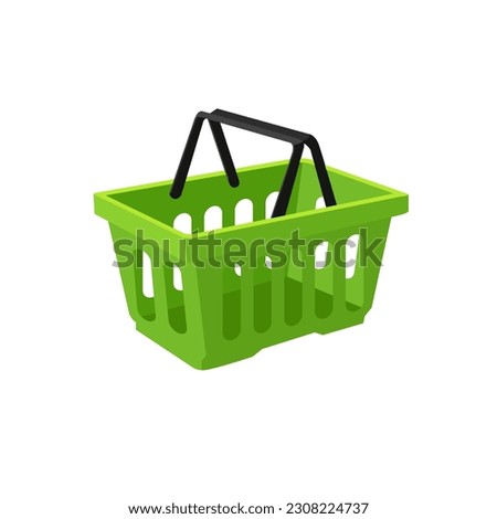 Empty green plastic basket 3D with black handles for shopping for products, goods. The concept of retail, sales, discounts.