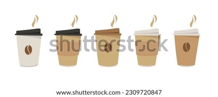 set of colorful cardboard cups for coffee and tea with lids. Simple flat graphics for cafe, cafe, coffee takeaway concepts. Vector illustration