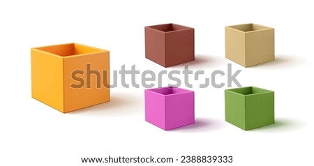 Multicolored open empty 3D boxes. For advertising and selling gifts, various goods, products, and home delivery. Set of boxes on a white background.