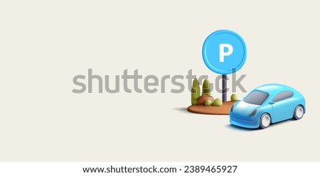 Parking sign with landscape element and blue car. 3D. Banner for web design of urban and rural parking lots. Vector
