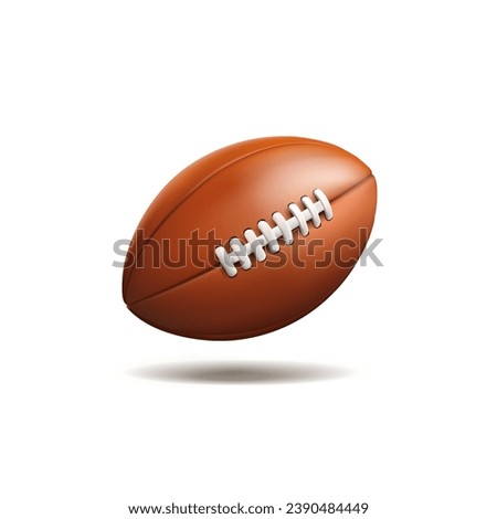 3D brown rugby ball on a white background. American football, soccer, sports competitions, tournaments, and the Super Bowl. Vector