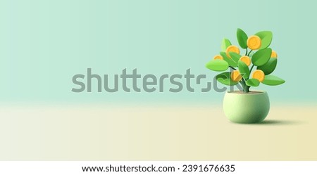 Money tree in a pot. 3D. Realistic image of a plant with leaves and coins. A symbol of increasing financial wealth. Vector