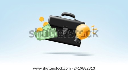 Business briefcase, cash, light bulb. 3D. Banner for the concepts of business ideas, investment savings, and capital increase. Vector