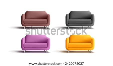 3D set of colorful modern sofas. For the office, home, waiting area, and customer service design concepts. Comfortable rest. Interior design. Vector