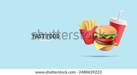 Cheeseburger, burger, fries, and soda in red packaging. Blue banner for fast food design concepts, sales, and promotional offers. Vector