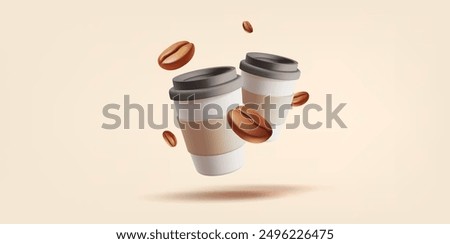 Paper cups with coffee and coffee beans, 3D. Realistic, beautiful composition for advertising and promotion of coffee shops, coffee delicious hot drinks. Vector illustration.