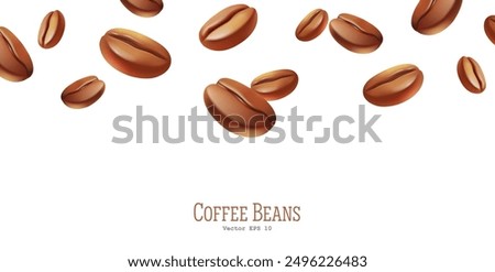 Coffee beans falling, 3D. Realistic coffee beans falling to the bottom. For coffee, coffee drink and product design concepts. Template on a white background. Vector illustration.