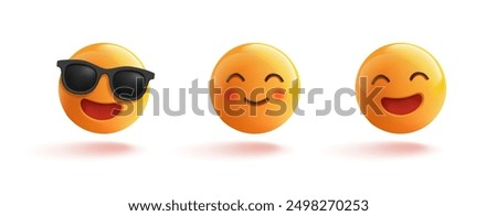 3D set of yellow positive emoticons with happy facial expressions. Set for advertising concepts on a white background. Vector illustration.