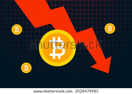 Bitcoin BTC price falls to all time low.  Bitcoin crash design. Red arrow shows Bitcoin price going down. Vector illustration template