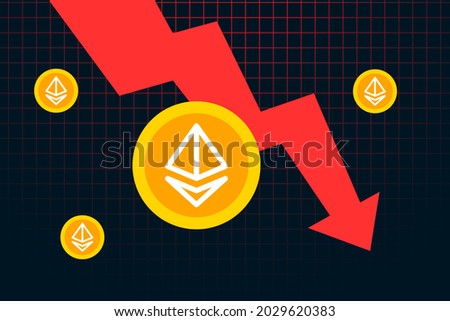 Ethereum ETH price falls to all time low.  Ethereum crash design. Red arrow shows Ethereum price going down. Vector illustration template