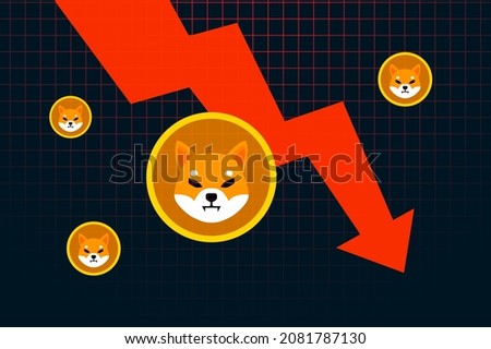 Shiba Inu SHIB price falls to all time low. Shiba Inu crash graph design. Red arrow shows the price of Shiba inu is going down. Vector illustration template