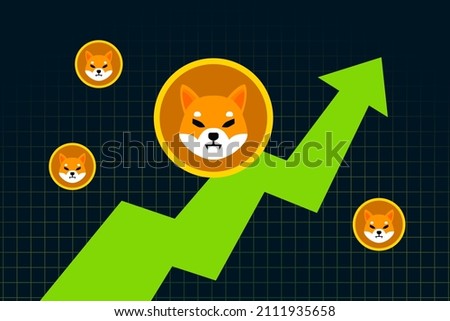 Shiba Inu SHIB cryptocurrency price rises to all time high. Shiba Inu graph chart design. Green arrow shows Shiba Inu price going up. Vector illustration template