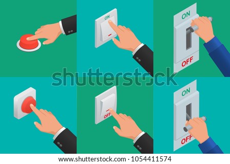 Set of realistic vector hands pressing buttons. Isometric icon of electric knife switch in the on/off position. Toggle switch. High voltage. Electrical circuit is enabled. Power station.